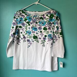 Talbots NWT The Tee Women's Bateau Neck Gorgeous Floral White Multicolor top M